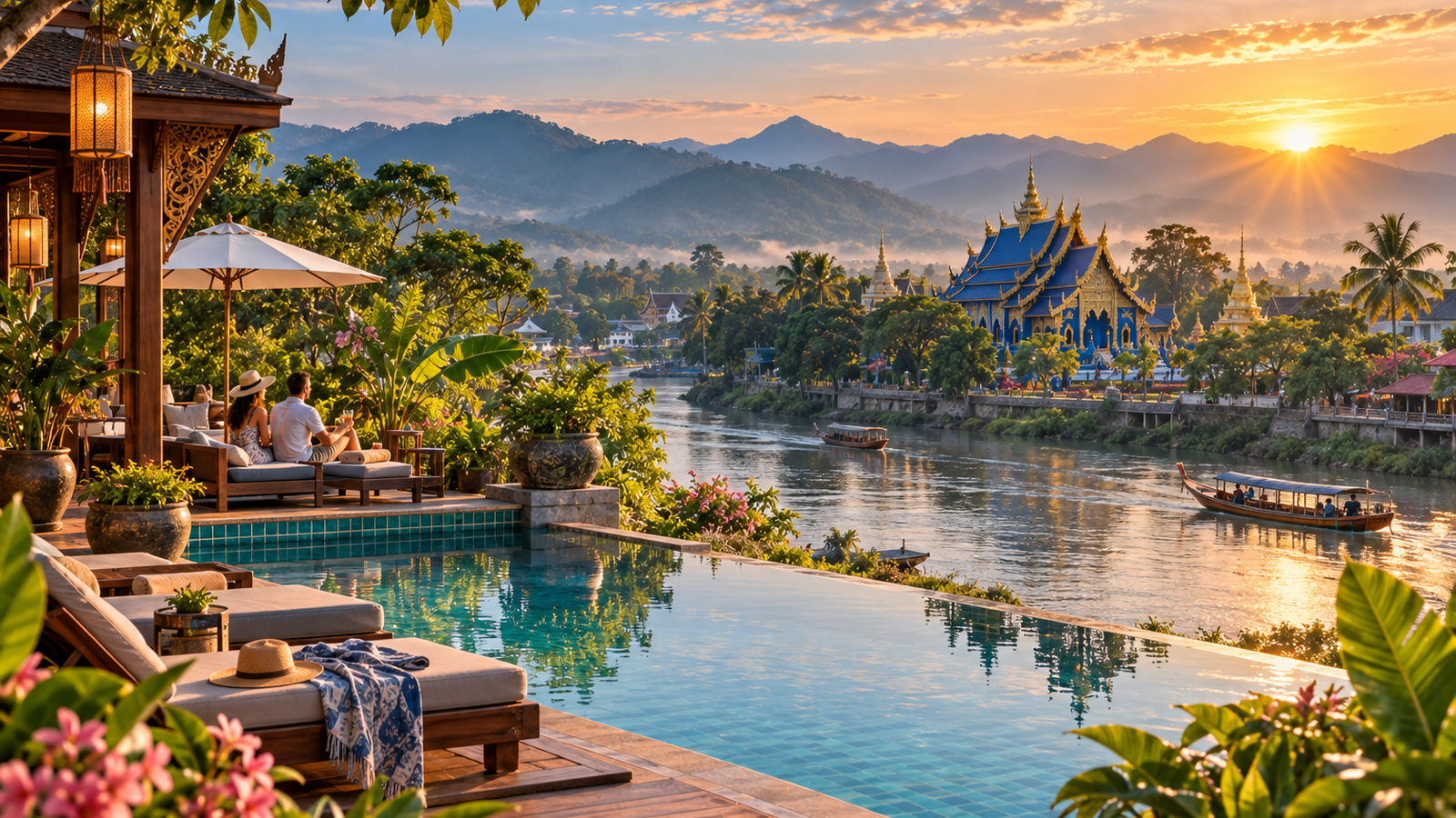 Riverside resort pool overlooking the Kok River, longtail boats and a blue Thai temple at sunrise