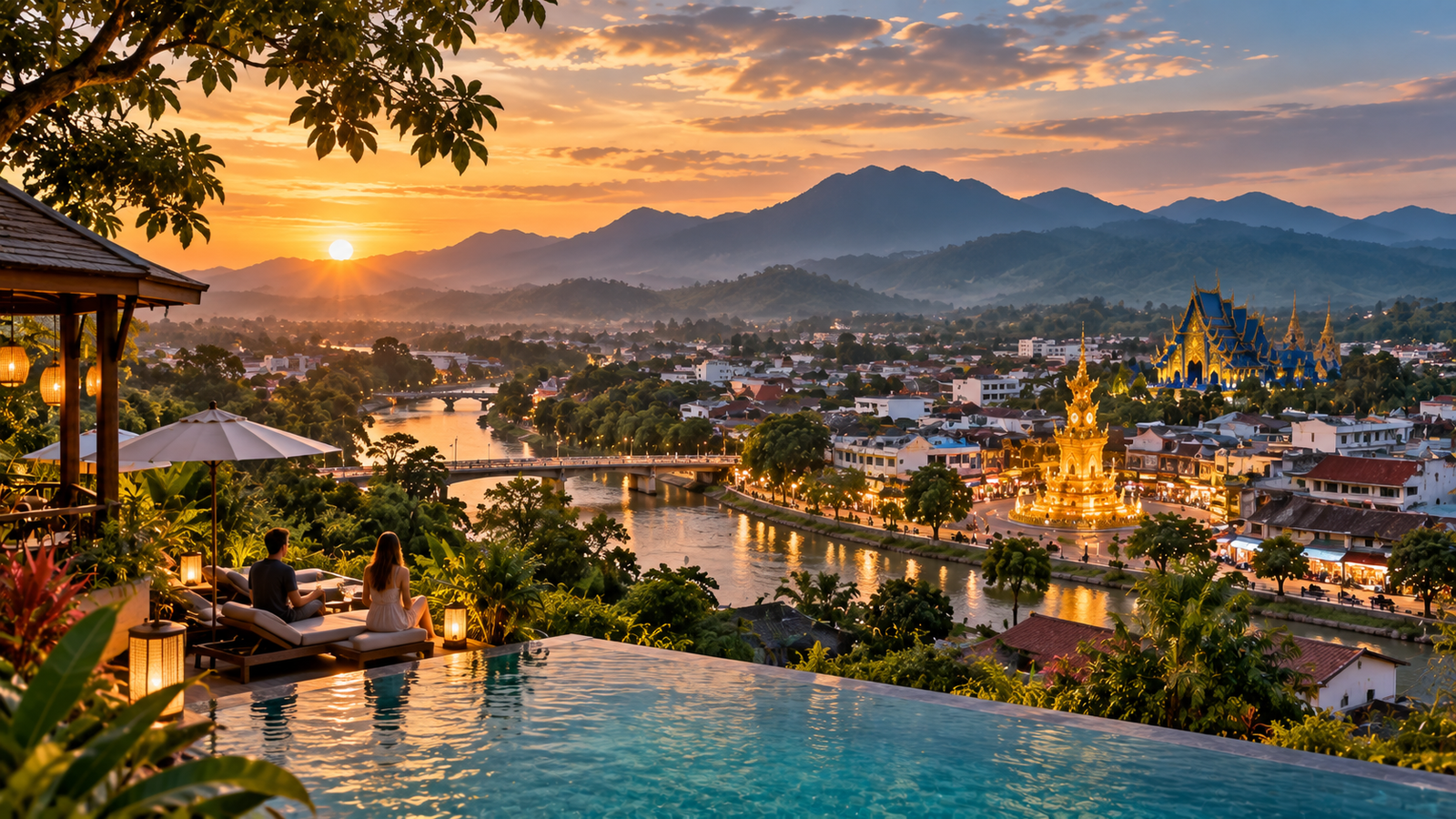 Panoramic Chiang Rai sunset with a riverside resort terrace, Kok River, city centre, golden clock tower and blue temple-inspired landmark