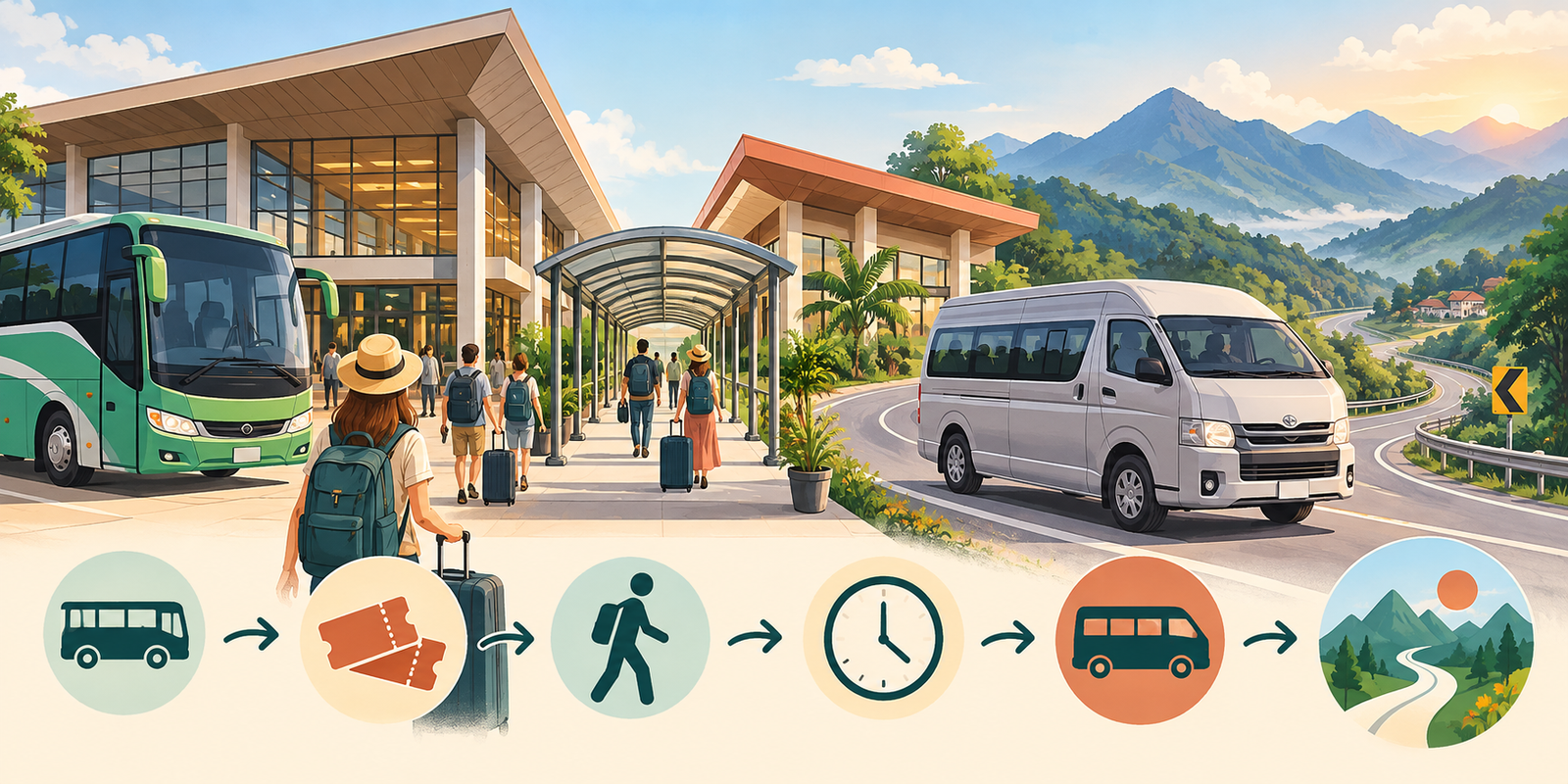 Illustrated bus-to-minivan connection at Chiang Mai Arcade with tickets, luggage, transfer time and mountain road icons