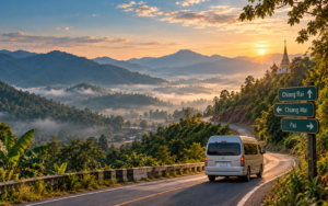 Mountain road from Chiang Rai towards Pai with a minivan, northern Thai temple and direction signs for Chiang Rai, Chiang Mai and Pai
