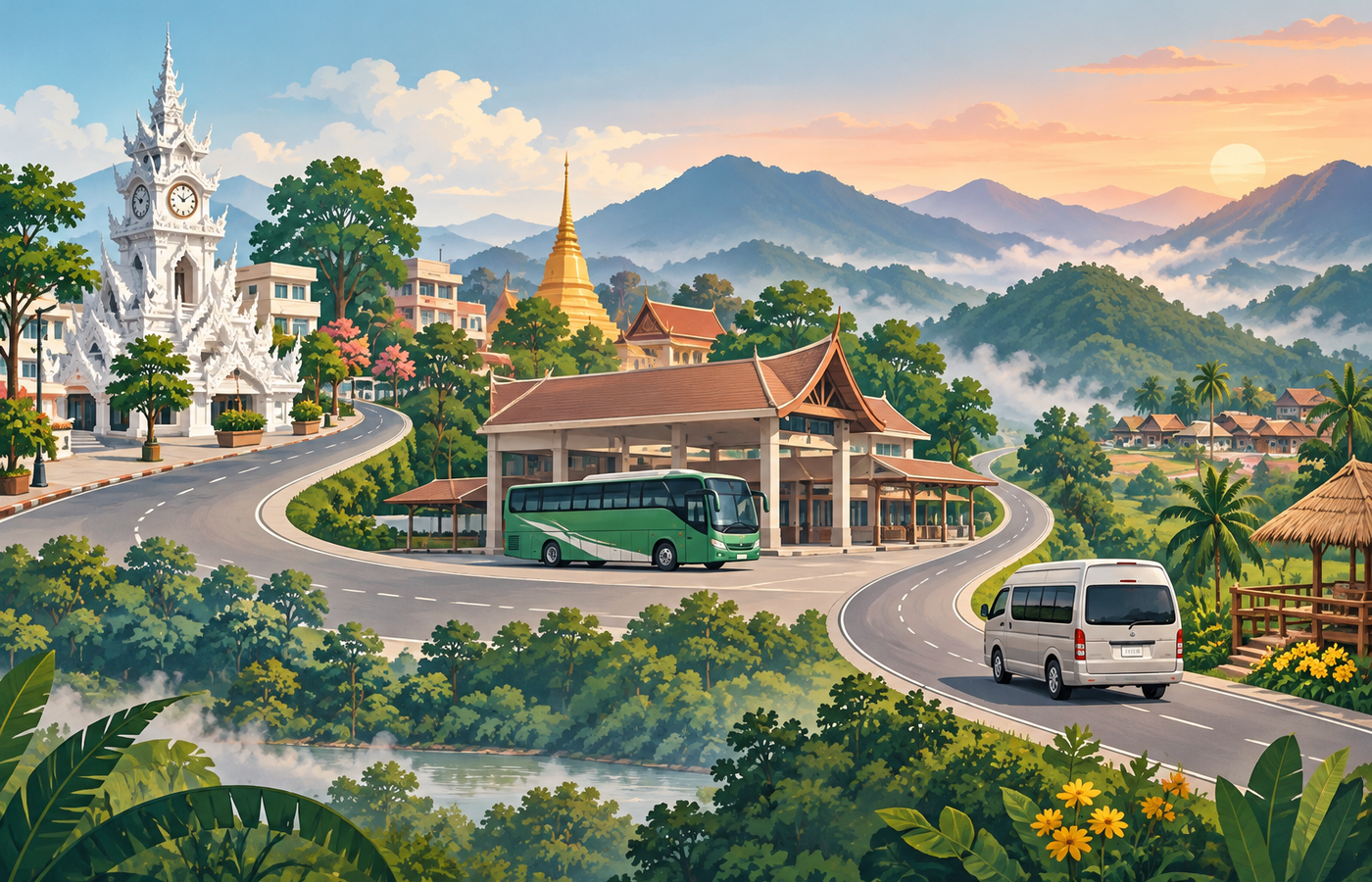 Illustrated route from Chiang Rai through Chiang Mai to Pai with a GreenBus coach, transfer terminal and minivan