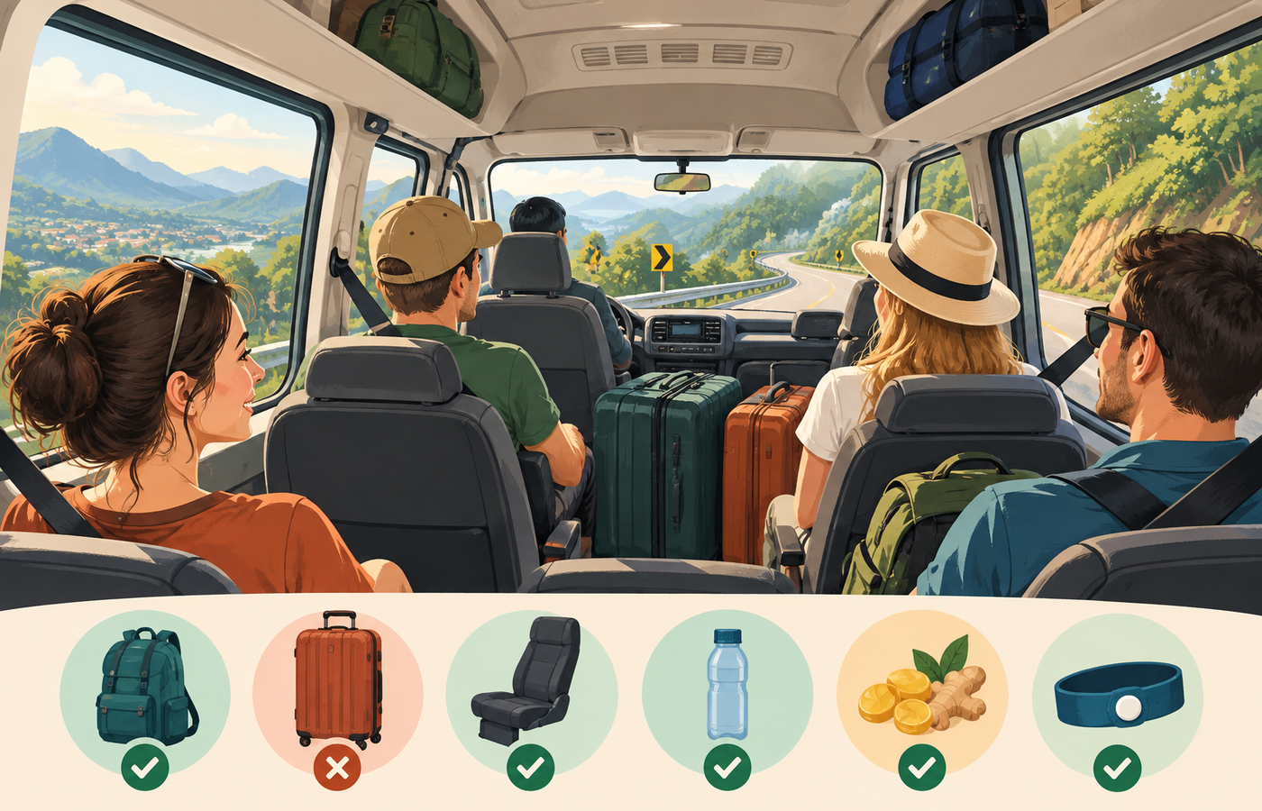 Illustrated minivan interior on a winding road with luggage, seat belts, water and motion-sickness preparation