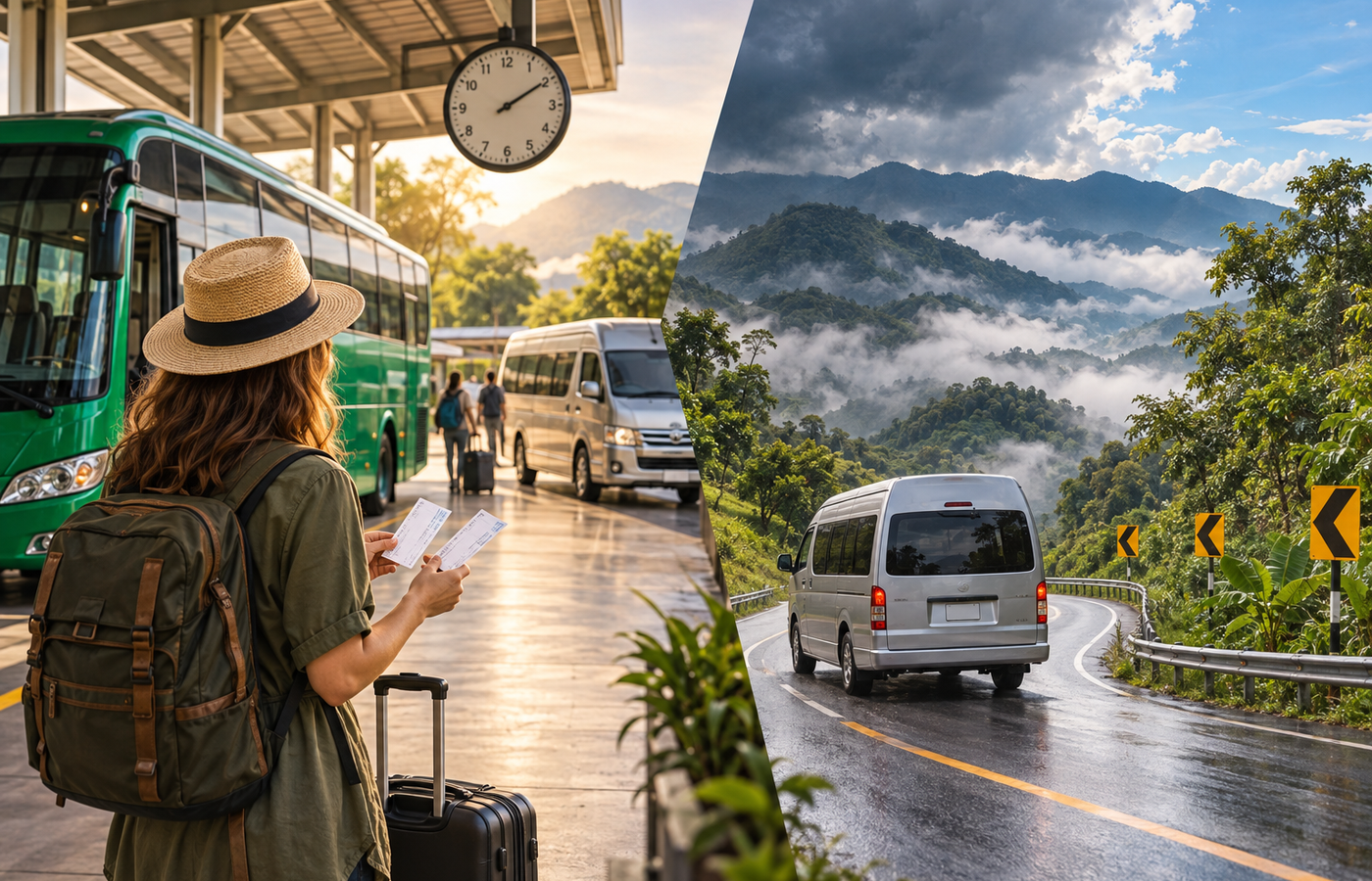 Traveller changing from a bus to a minivan beside a wet mountain road with mist and rain clouds