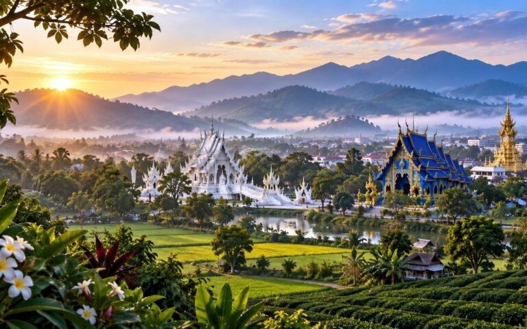 Original editorial illustration of Chiang Rai with the White Temple, Blue Temple, clock tower, rice fields and misty northern mountains at sunrise