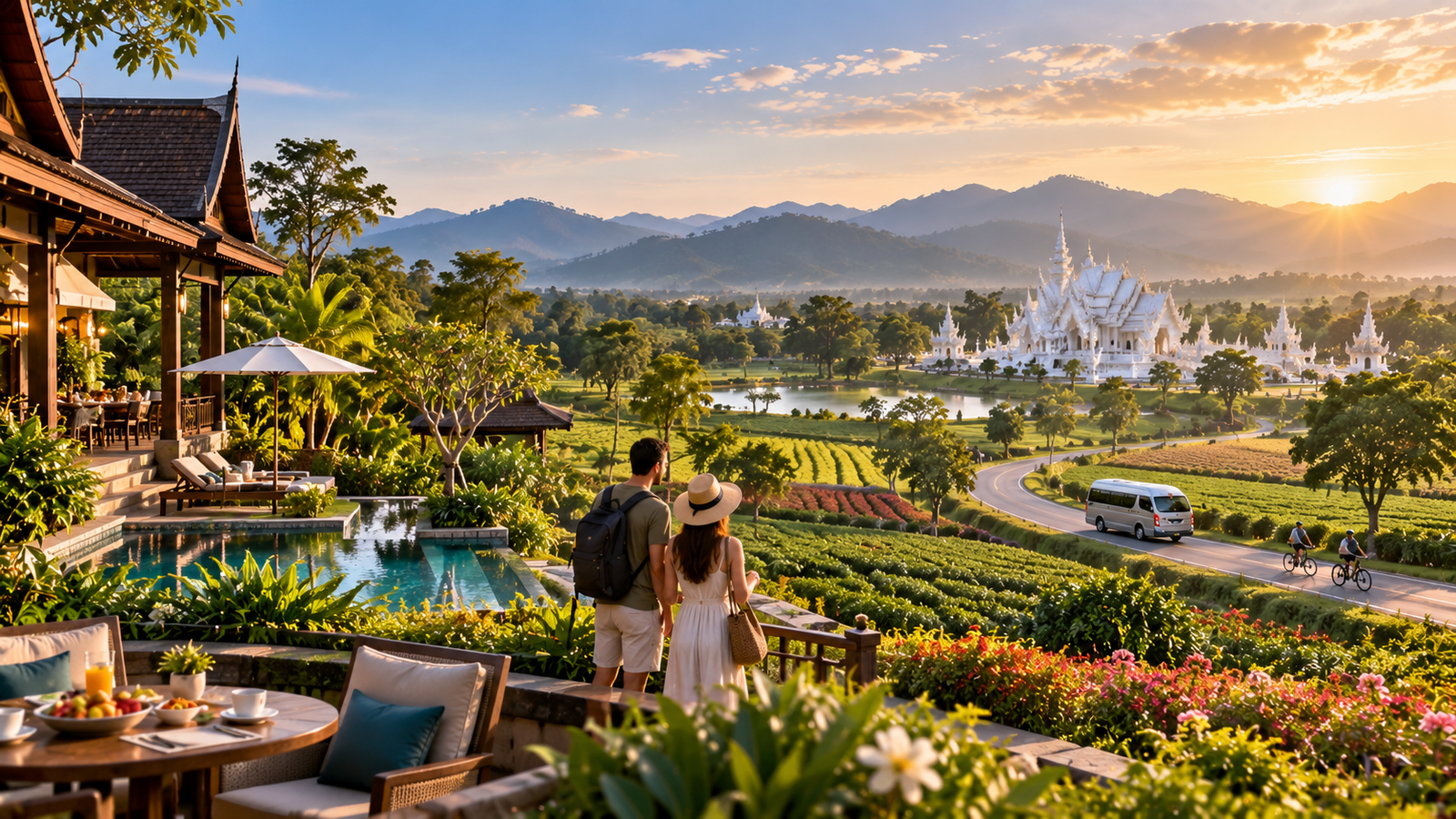Countryside resort terrace near the White Temple and Singha Park with fields, a minivan and mountain views