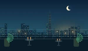 Illustrated Bangkok rooftop terrace at night with a glowing skyline, tables, plants and city lights