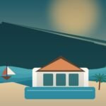 Original illustrated private pool villa beside a Thai beach, framed by palms and limestone islands