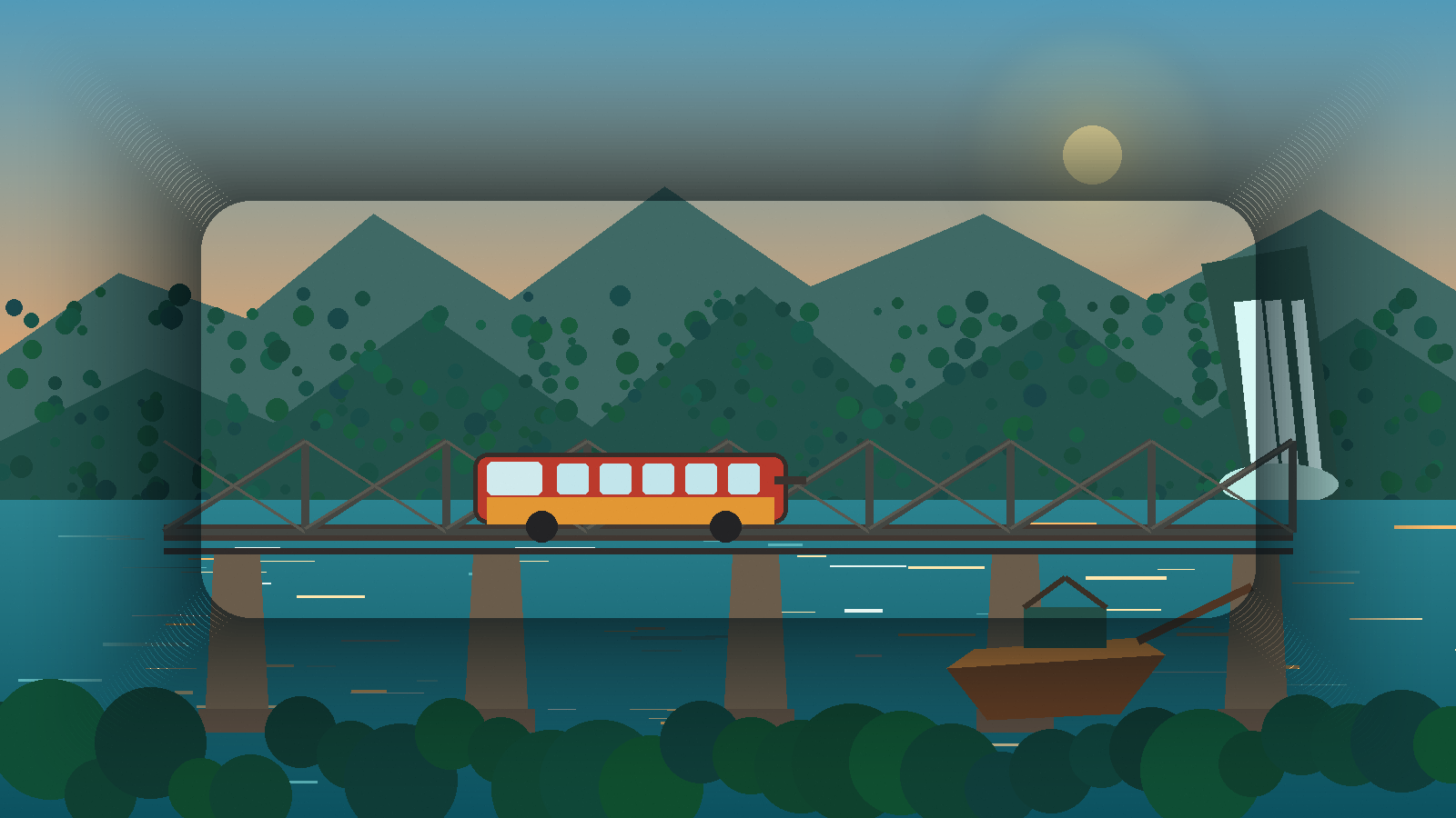 Original editorial illustration of a local train crossing the River Kwai landscape with forested hills, water and a waterfall at sunset
