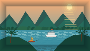 Illustrated Koh Chang bay at sunset with rainforest mountains, a vehicle ferry and a long-tail boat