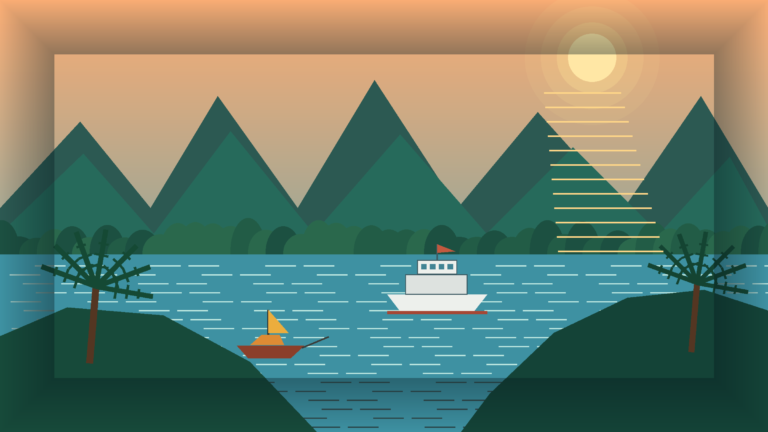 Illustrated Koh Chang bay at sunset with rainforest mountains, a vehicle ferry and a long-tail boat