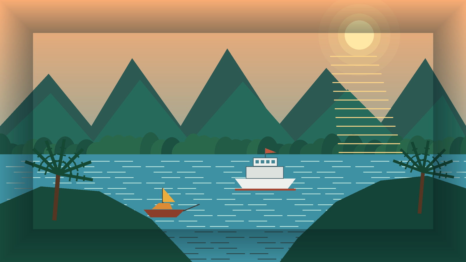 Illustrated Koh Chang bay at sunset with rainforest mountains, a vehicle ferry and a long-tail boat