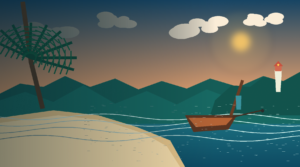 Original editorial illustration of Koh Lanta at sunset with a quiet beach, long-tail boat, forested headlands and the Laem Tanod lighthouse