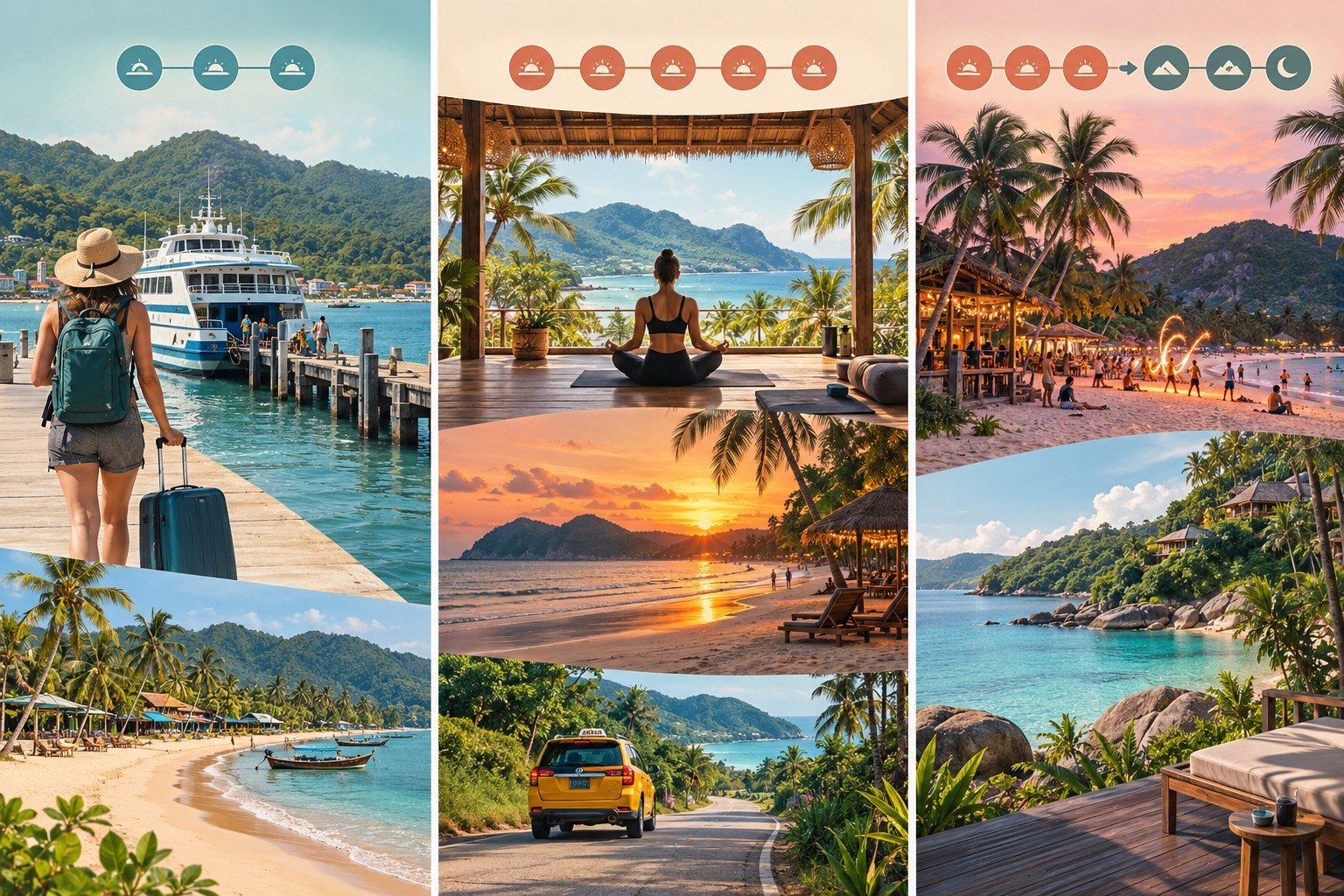 Original illustrated travel collage showing ferry arrival, beach time, wellness, road travel, nightlife and a secluded resort stay