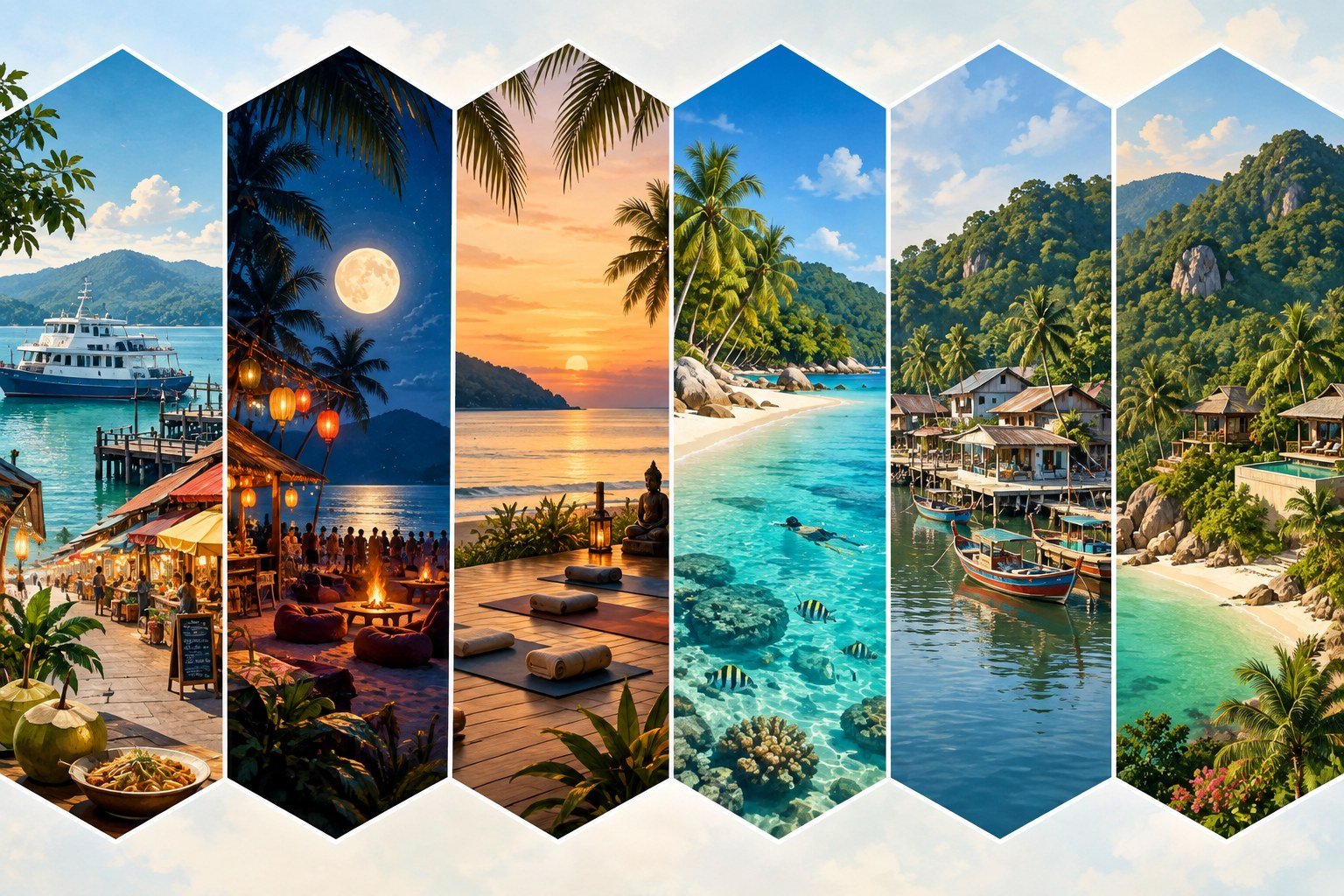 Illustrated six-panel mood selector showing ferry-town, party, wellness, snorkelling, fishing-village and resort styles on Koh Phangan