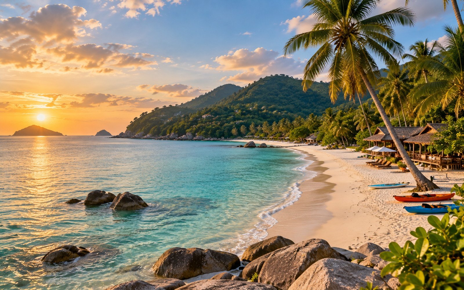 Quiet Koh Phangan beach at golden hour with clear water, granite boulders, kayaks, palm trees and thatched beachfront huts