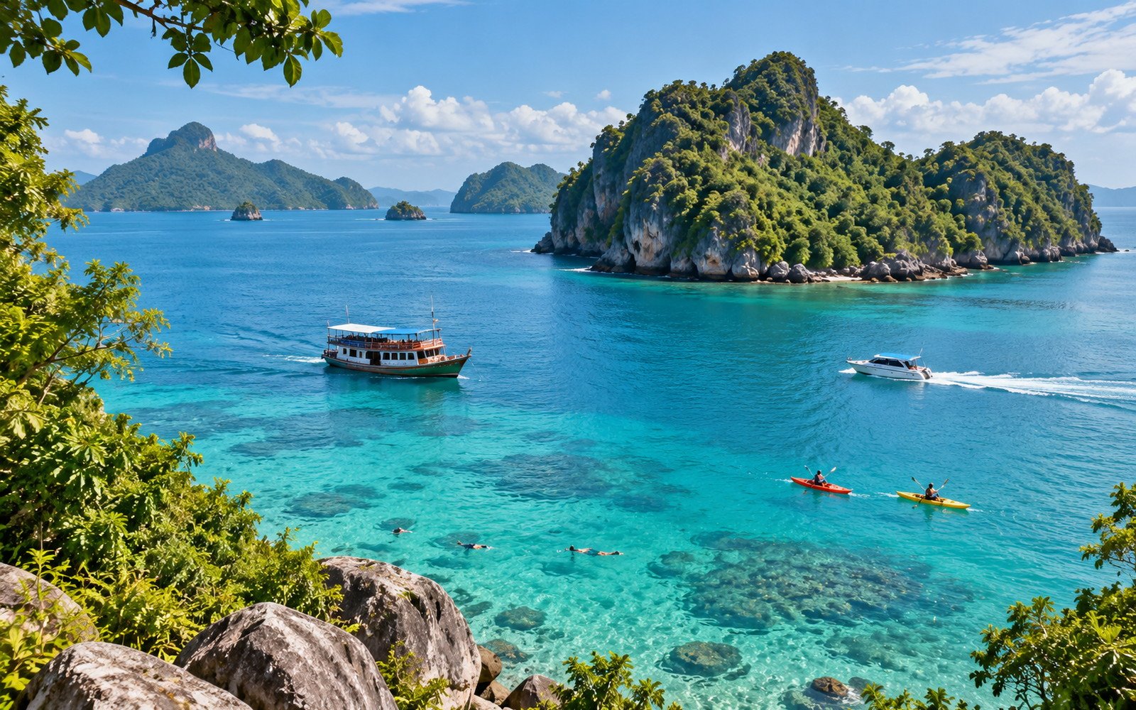 Tropical island boat trip with clear turquoise water, limestone islets, kayaks, snorkellers and two excursion boats