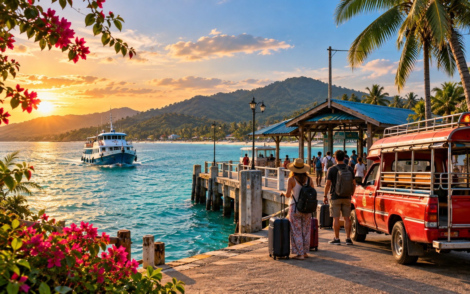 Travellers arriving by ferry at a tropical Koh Phangan pier beside a red songthaew taxi and palm-covered hills