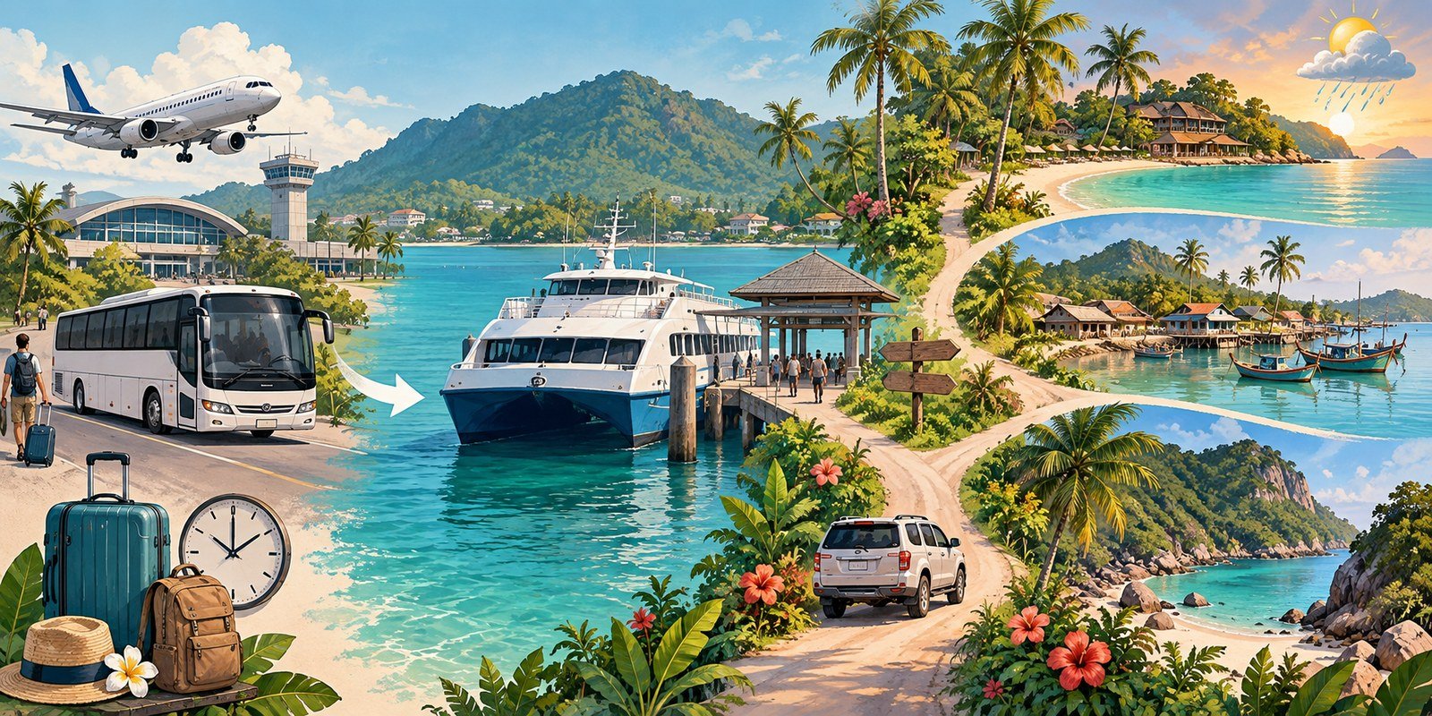 Original illustrated journey from airport and bus to ferry, Thong Sala pier and different Koh Phangan coasts