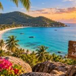 Sunset over a turquoise Koh Phangan bay with palm-lined beach, long-tail boats, forested hills and a wooden island sign