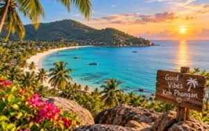 Sunset over a turquoise Koh Phangan bay with palm-lined beach, long-tail boats, forested hills and a wooden island sign
