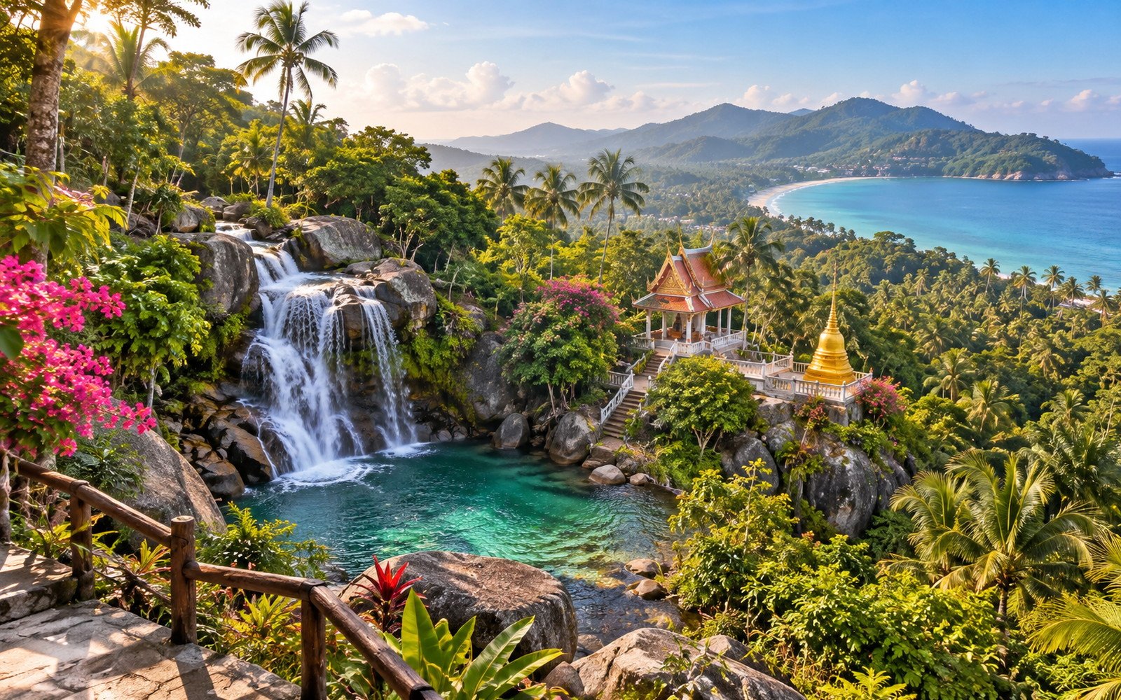 Koh Phangan jungle waterfall and Thai pavilion overlooking a palm-covered valley and blue tropical bay