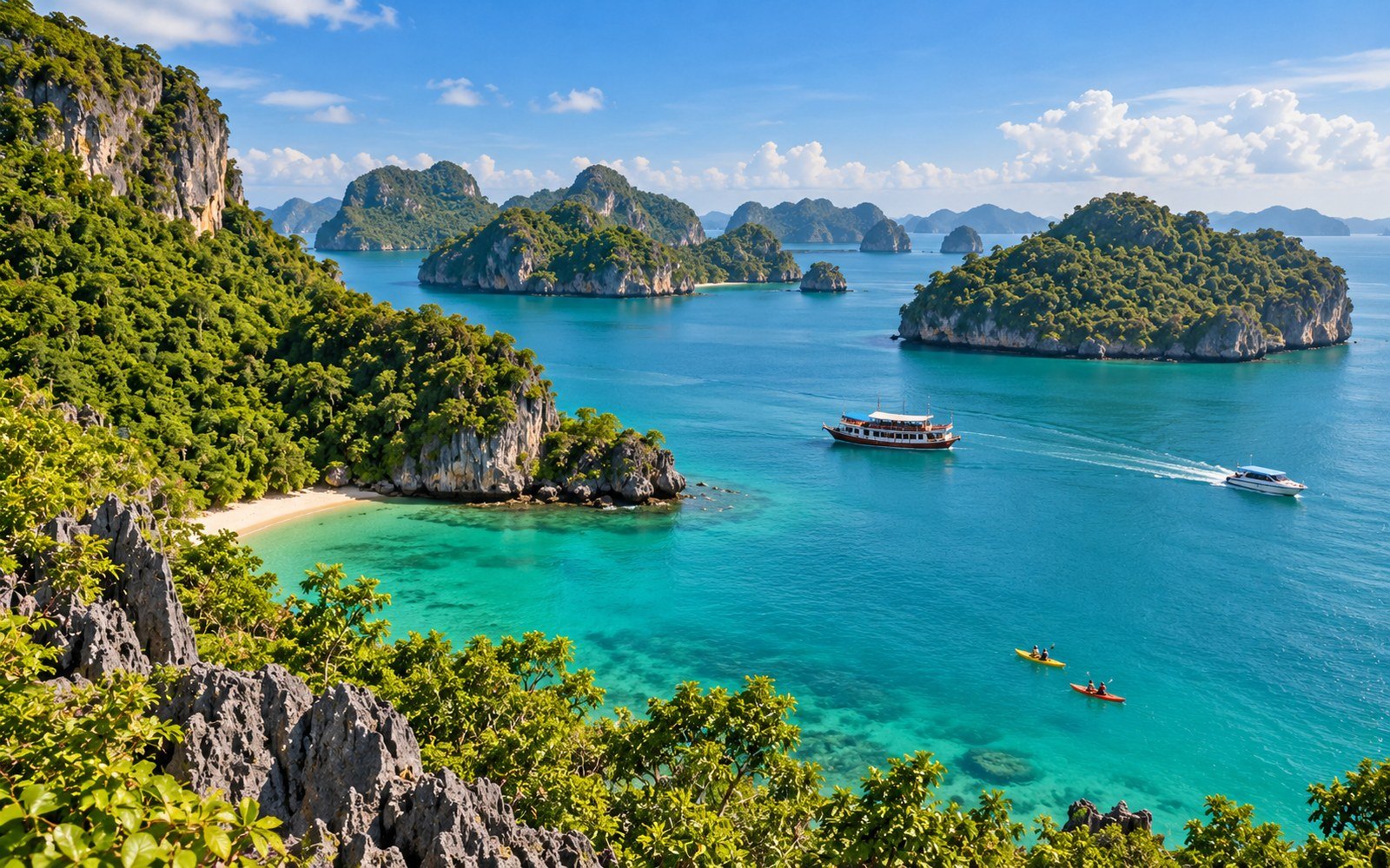 Turquoise sea and forested limestone islands in Ang Thong National Marine Park with boats, kayaks and a secluded beach