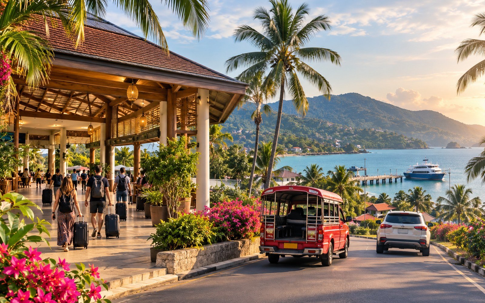Tropical Koh Samui arrival scene with an open-air terminal, travellers, red songthaew, rental car, pier and ferry beside the sea