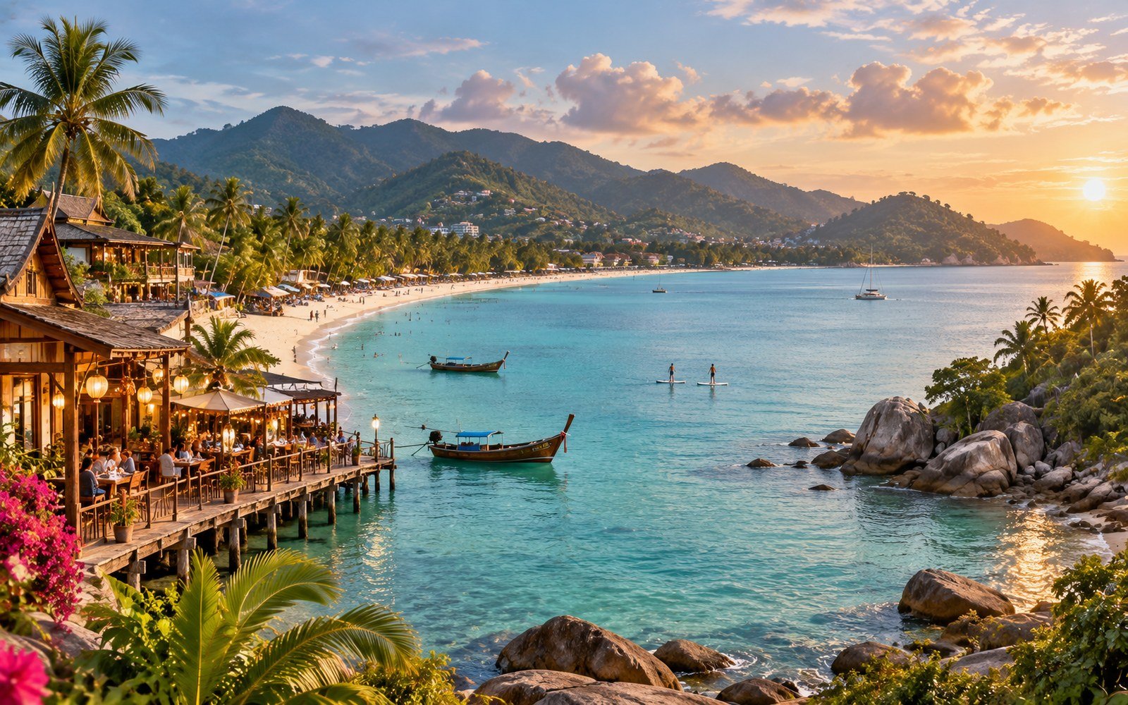 Panoramic Koh Samui beach bay with palm trees, waterfront restaurants, long-tail boats, paddleboarders and green mountains at sunset