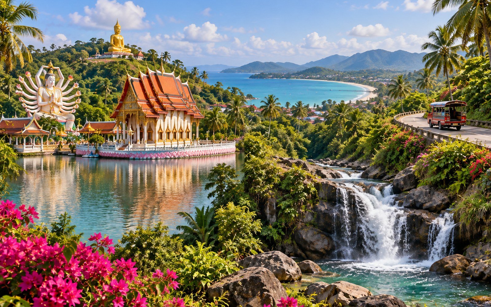 Koh Samui landscape with Thai temples, a golden Buddha, tropical waterfall, coastal bay and red songthaew on a hillside road