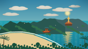 Illustrated Koh Samui coastline at golden hour with palm-fringed beach, long-tail boat, island hills and a temple silhouette