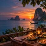 Sunset dinner table overlooking Krabi limestone karsts and the Andaman Sea