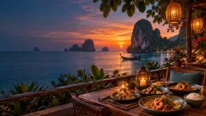 Sunset dinner table overlooking Krabi limestone karsts and the Andaman Sea