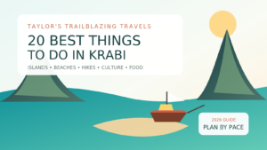 Original illustration of a Krabi long-tail boat, limestone cliffs and the title 20 Best Things to Do in Krabi.