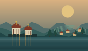 Original illustration of Mae Hong Son lake, Shan-style temple roofs and layered misty mountains at sunset