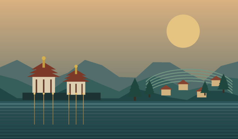 Original illustration of Mae Hong Son lake, Shan-style temple roofs and layered misty mountains at sunset