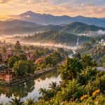 Panoramic Northern Thailand route with a Lanna temple city, mountain road, coach, waterfalls and white and blue Chiang Rai temples at sunrise