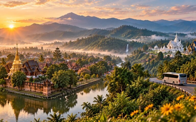 Panoramic Northern Thailand route with a Lanna temple city, mountain road, coach, waterfalls and white and blue Chiang Rai temples at sunrise