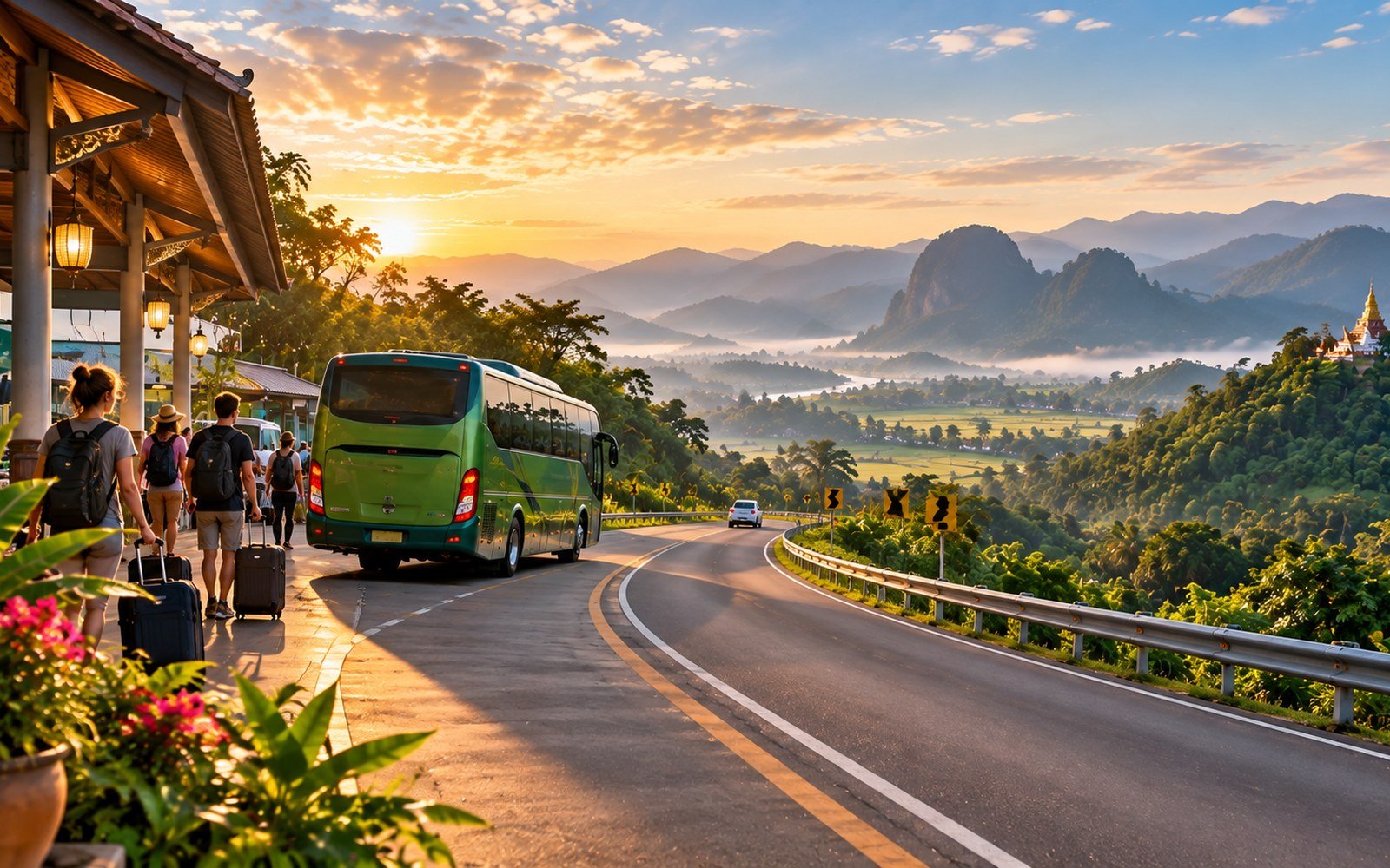 Green coach leaving a northern Thai terminal for a winding mountain road between Chiang Mai and Chiang Rai