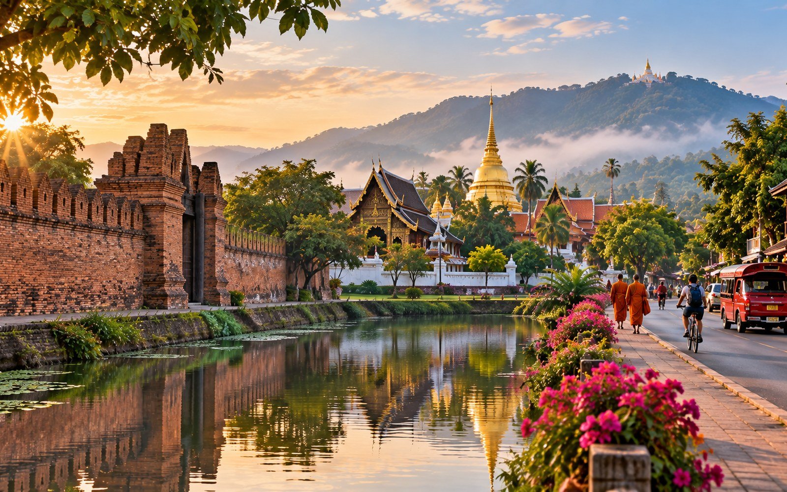 Chiang Mai Old City moat, brick walls, Lanna temples, monks, cyclist and red songthaew in golden morning light