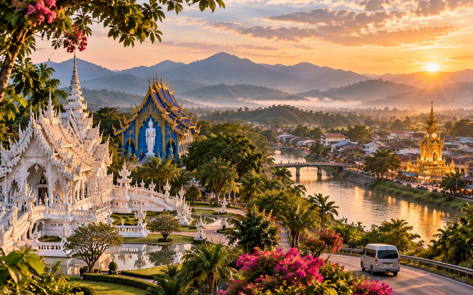 Chiang Rai landscape with white and blue temples, river, Clock Tower, mountains and a minivan at golden hour