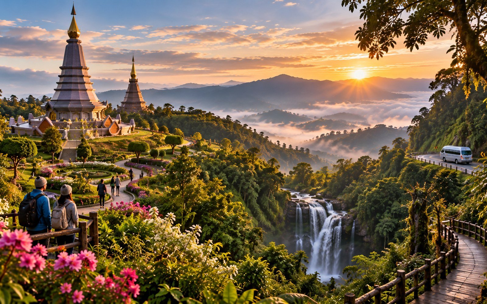 Doi Inthanon mountain landscape with twin pagodas, flower gardens, waterfall, boardwalk and minivan at sunrise