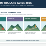 Northern Thailand guide illustration comparing Chiang Mai, Chiang Rai, Pai and Mae Hong Son, and Sukhothai route styles.