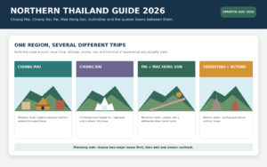 Northern Thailand guide illustration comparing Chiang Mai, Chiang Rai, Pai and Mae Hong Son, and Sukhothai route styles.