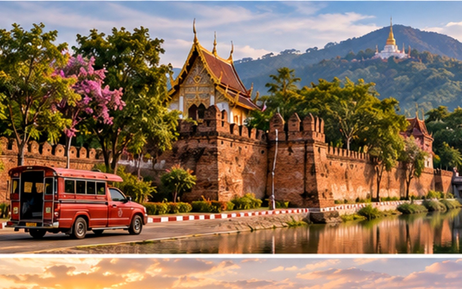 Chiang Mai Old City moat, historic brick wall, Lanna temple, flowers and red songthaew in mountain light