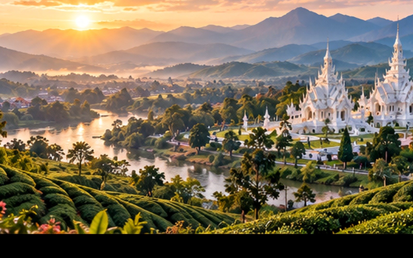 Chiang Rai white and blue temples, tea-covered hills, river and mountain scenery in golden light