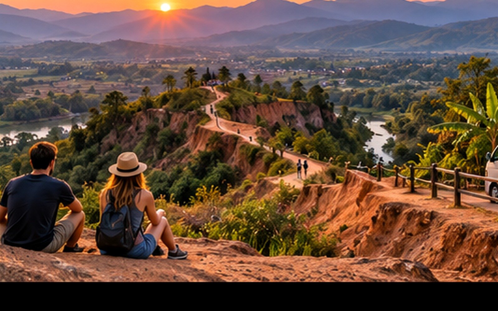 Travellers overlooking Pai Canyon and a green mountain valley with a minivan on the road at sunset