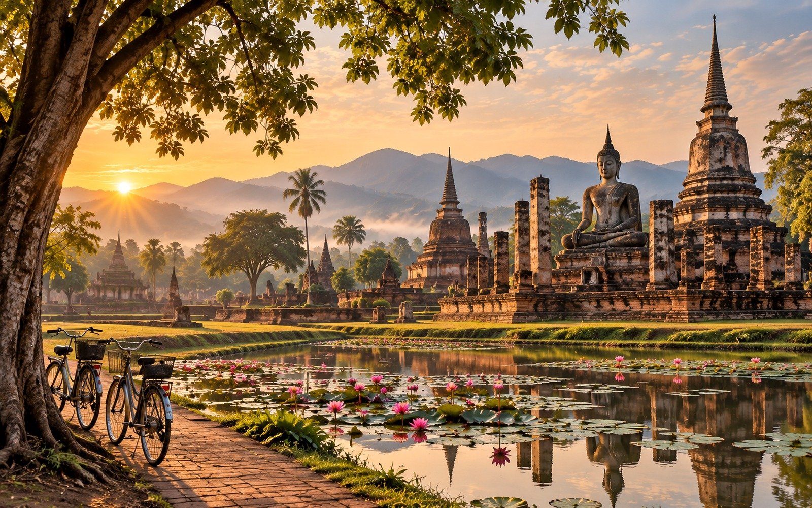 Sukhothai temple ruins, seated Buddha, lotus pond and bicycles in warm sunrise light
