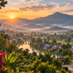 Sunrise over Pai valley with the Pai River, rice fields, mountain mist, a white Buddha and a minivan entering town