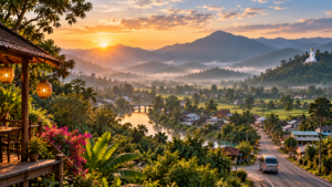 Sunrise over Pai valley with the Pai River, rice fields, mountain mist, a white Buddha and a minivan entering town