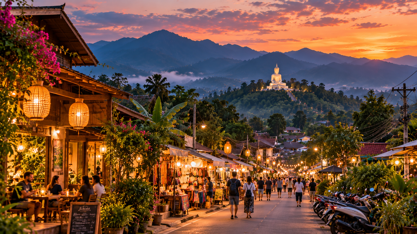 Lantern-lit Pai Walking Street at sunset with market stalls, cafés, mountains and the white Buddha above town